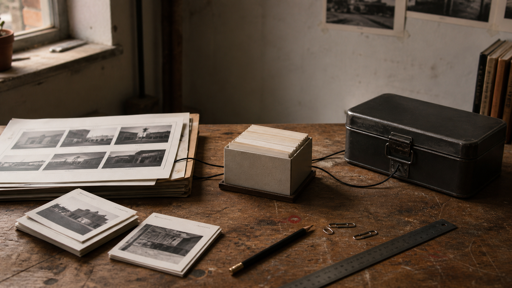 A wooden workbench with printed portfolio pages, an index-card box, and a metal media case connected by black cords.