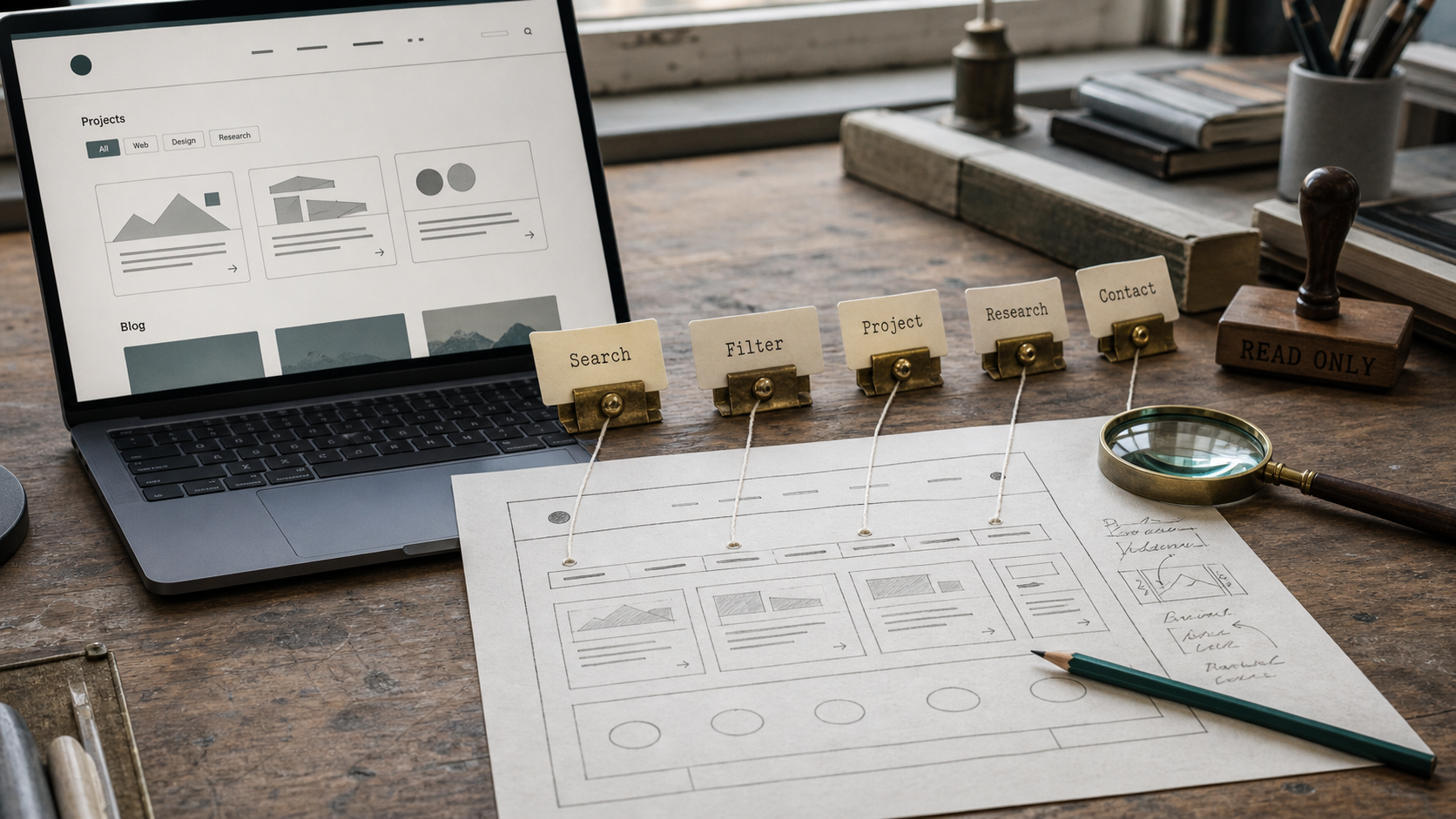Antarmuka portfolio pada laptop terhubung dengan benang ke lima tab indeks fisik berlabel Search, Filter, Project, Research, dan Contact, di samping stempel read-only.