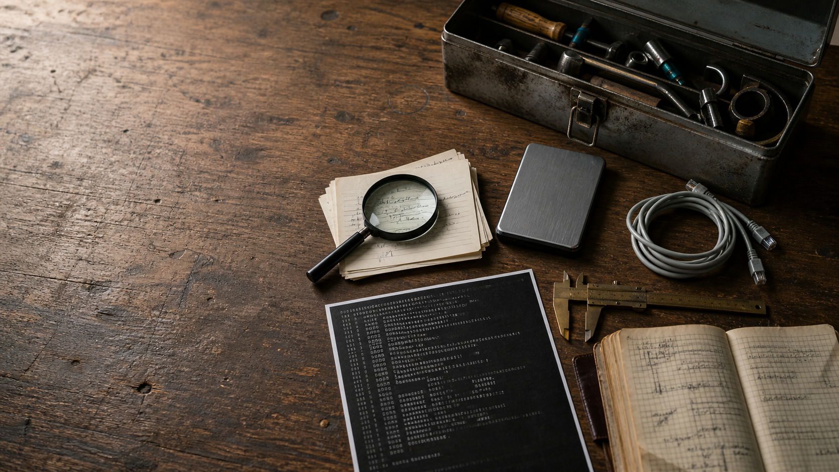 A worn wooden workbench holding a steel toolbox, magnifying glass, index cards, external drive, network cable, caliper, notebook, and terminal printout.