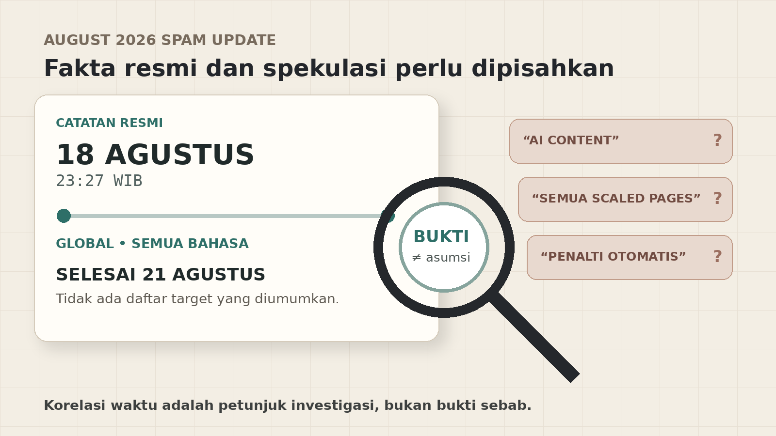 Kartu kronologi 18–21 Agustus dipisahkan dari tiga kartu spekulasi oleh sebuah kaca pembesar bertanda bukti