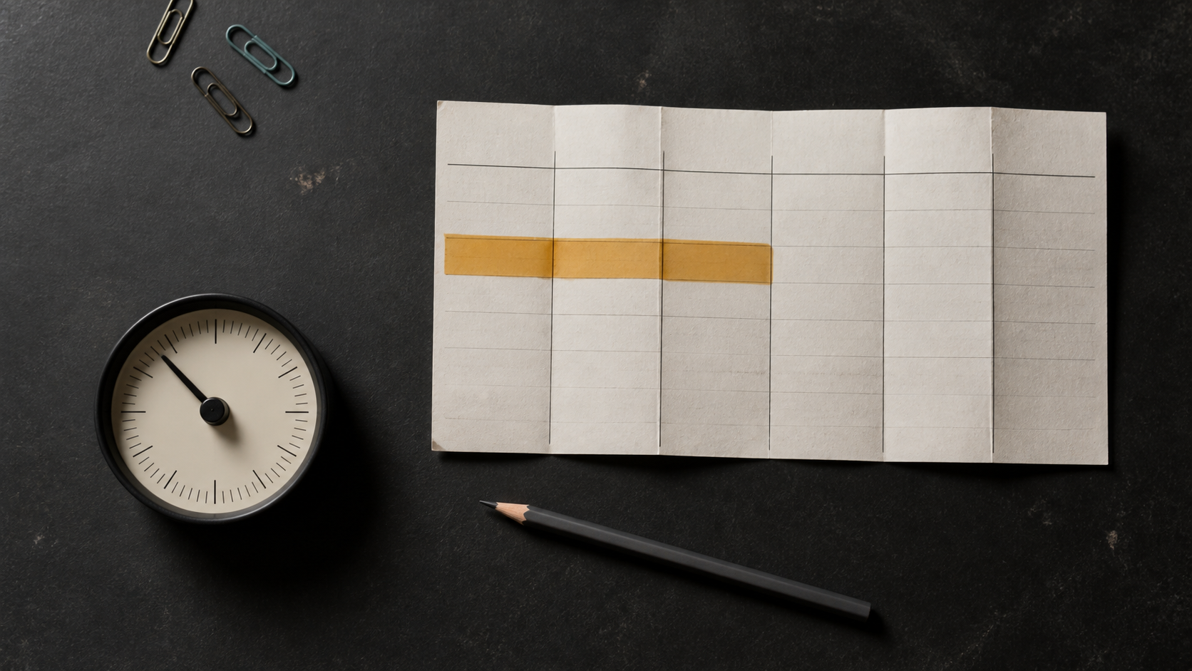 An analog timer beside a folded blank weekly paper grid, with a short amber strip marking part of the schedule on a dark worktable.