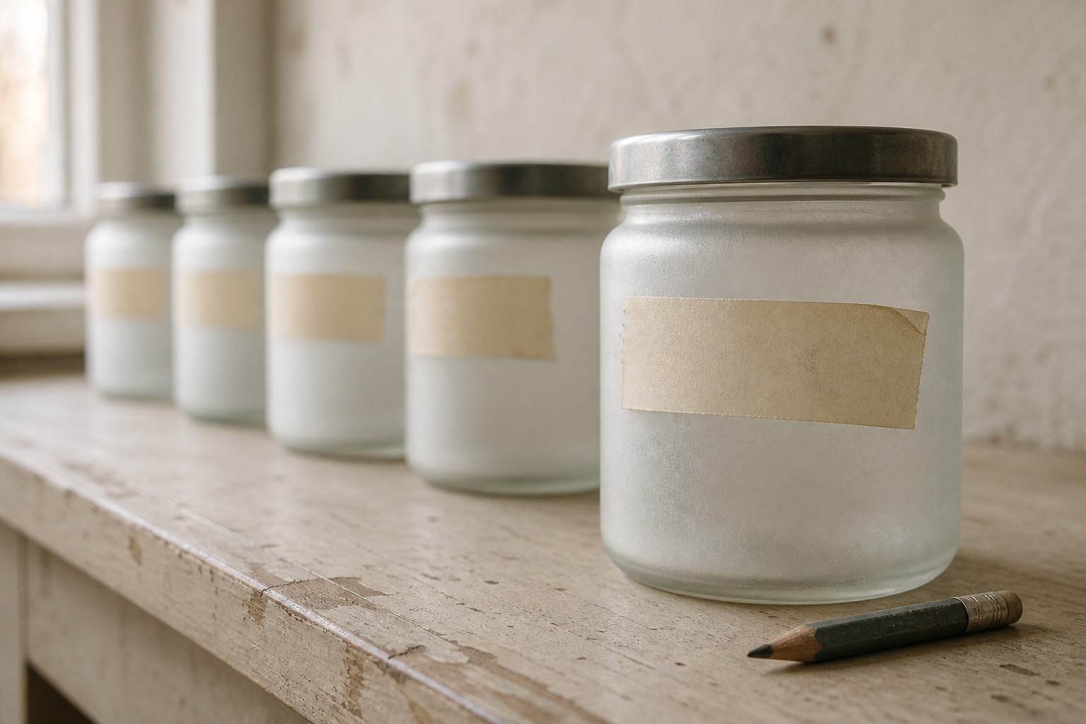 Three matte glass jars on pale birch, the front one sealed with a strip of masking tape carrying no writing, a graphite pencil resting beside it in warm window light.