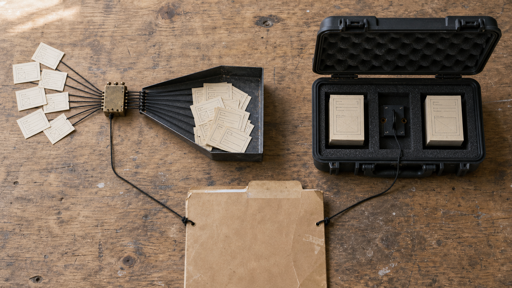 A kraft project folder connected by black cords to a paper routing tray and a padded equipment case on a worn workbench.