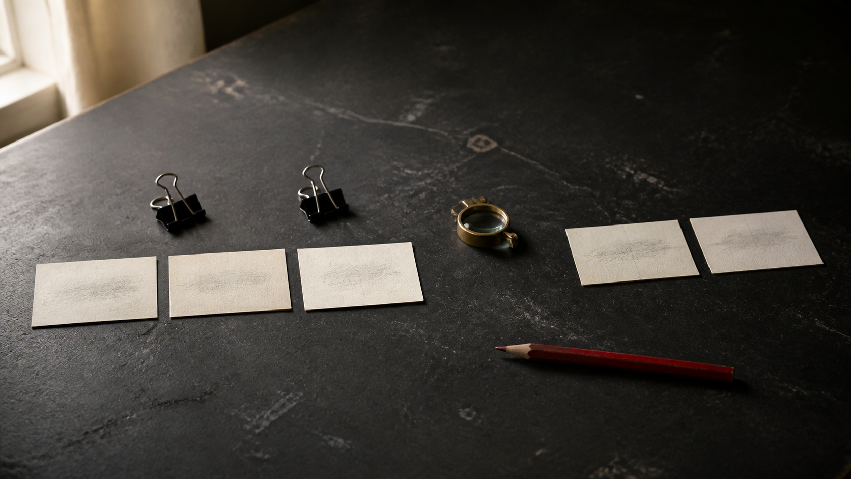 Five blank ivory index cards form a broken sequence on a worn black worktable beside binder clips, a brass magnifying loupe, and a red pencil in soft window light.