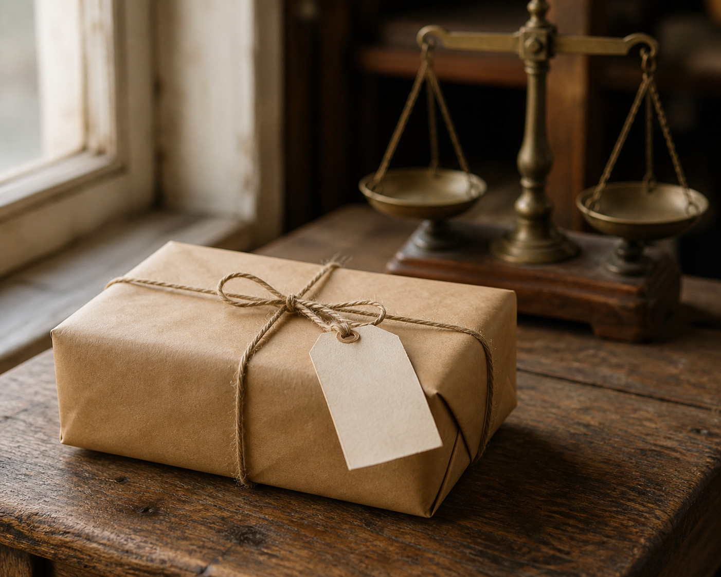 A plain kraft-paper parcel bound with coarse twine on a weathered oak counter, a small cream paper label tied to the twine with nothing written on it, an old brass balance scale softly out of focus behind.