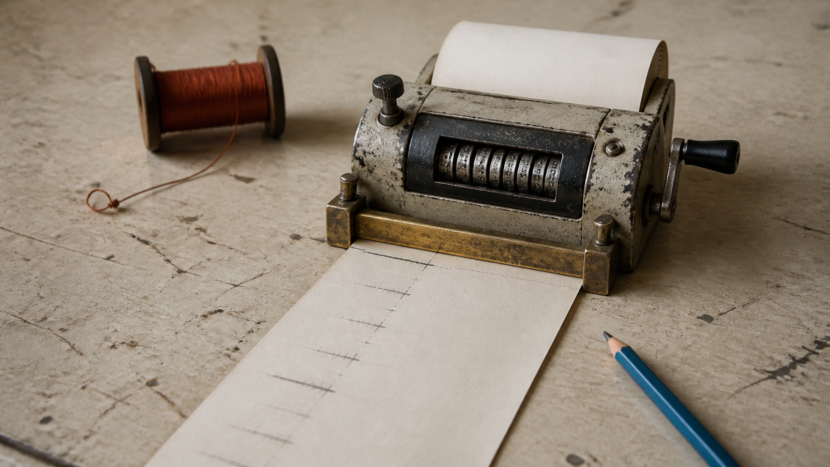 A worn mechanical counter feeds a paper strip into a brass stop beside a spool of thread and a blue pencil.